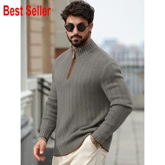 Quarter-Zip Pullover Sweater Mock Neck Ribbed Knit Classic Fit Winter Warm
